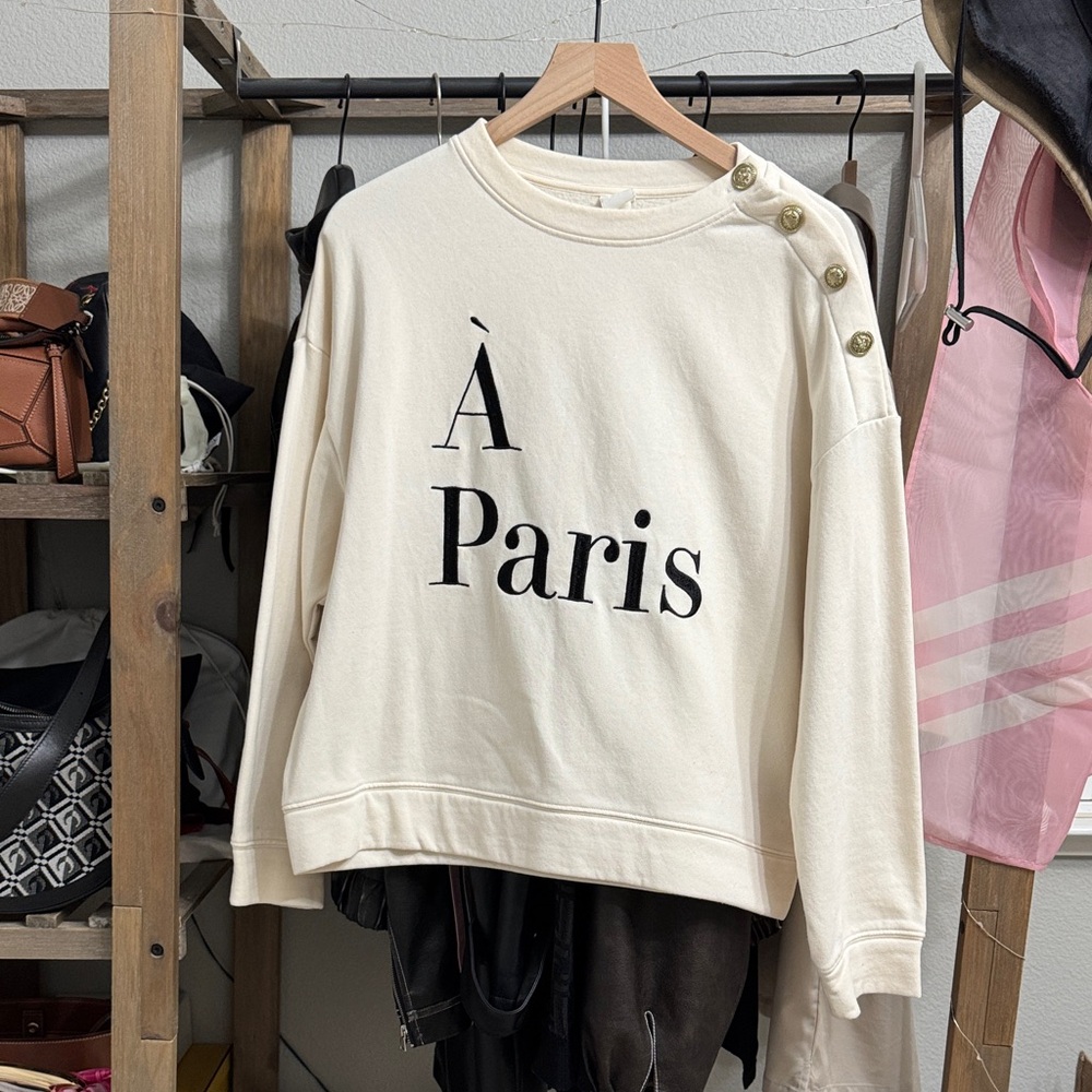 H&M Cream Paris Print Sweatshirt with Button Detail